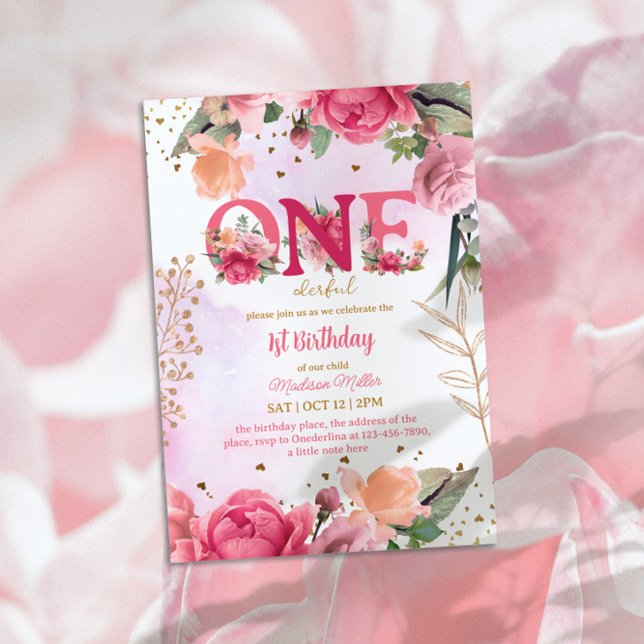 Invitation Fleur Fleur Fleur Bébé Fille 1er Anniversaire (Créateur téléchargé)