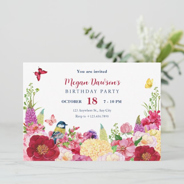 Invitation Fleur fleurie papillon anniversaire (Debout devant)