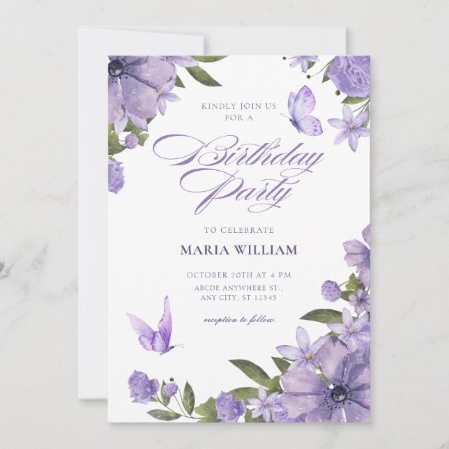 Invitation Fleur fleurie violette anniversaire (Devant)