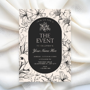 Invitation Fleur floral élégant noir et blanc vintage
