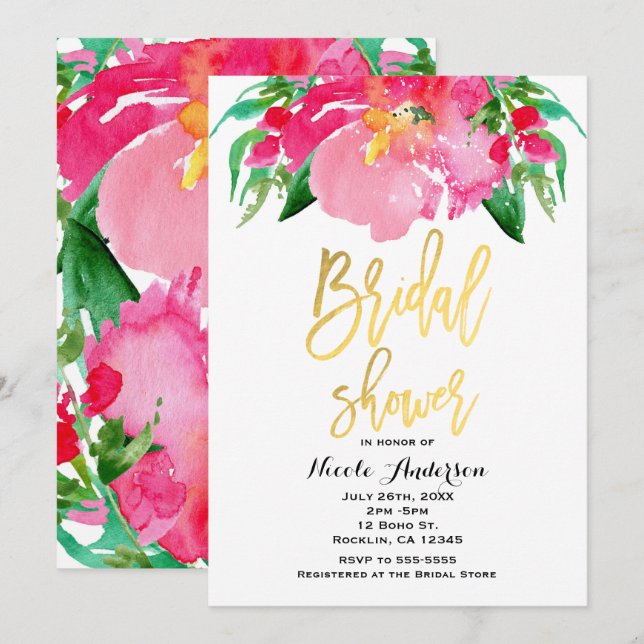 Invitation Fleur Florale Aquarelle Rose Mariage Doré (Devant / Derrière)