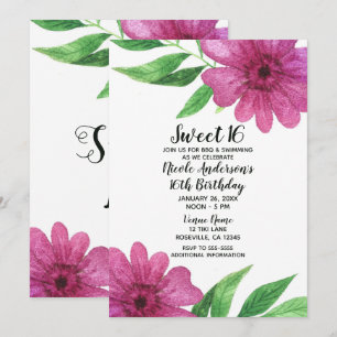 Invitation Fleur Florale Aquarelle Rose Pop Sweet 16 Party
