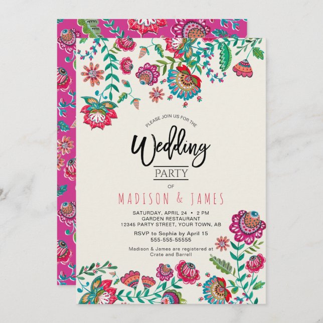 Invitation Fleur folk rose vif mariage boho mexicain (Devant / Derrière)