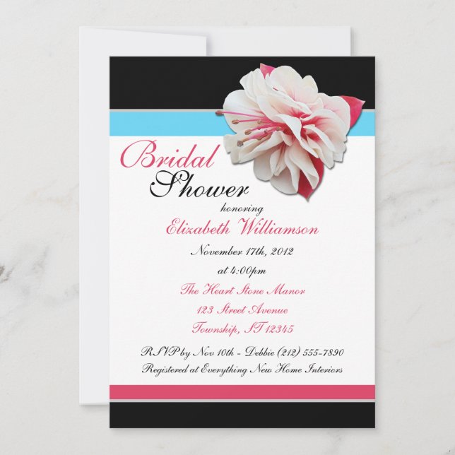 Invitation "Fleur Fuchsia" Fête des mariées rose Bleu & Noir (Devant)