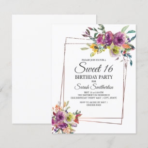 Invitation Fleur géométrique aquarelle jaune violet Sweet 16
