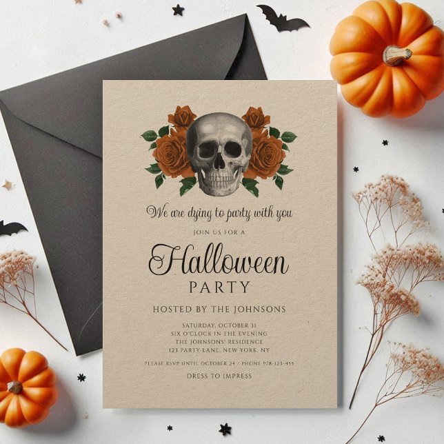 Invitation Fleur Gothique Noire Vintage Crâne Halloween (Vintage Gothic Black Floral Skull Halloween Invitation)