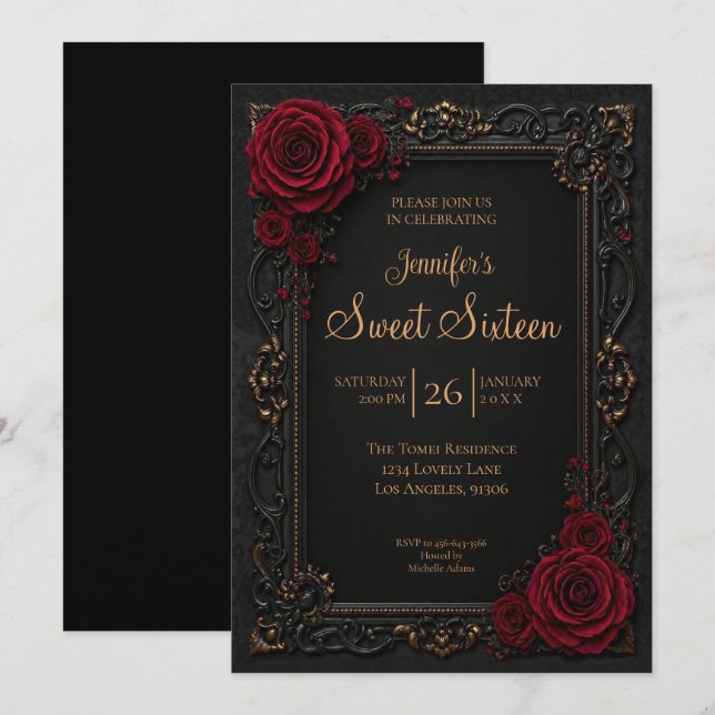 Invitation Fleur gothique rouge foncé Sweet 16 (Devant / Derrière)