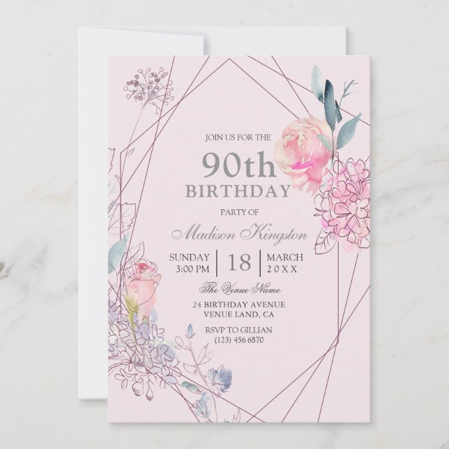 Invitation Fleur grise et rose Géométrique 90e anniversaire (Devant)