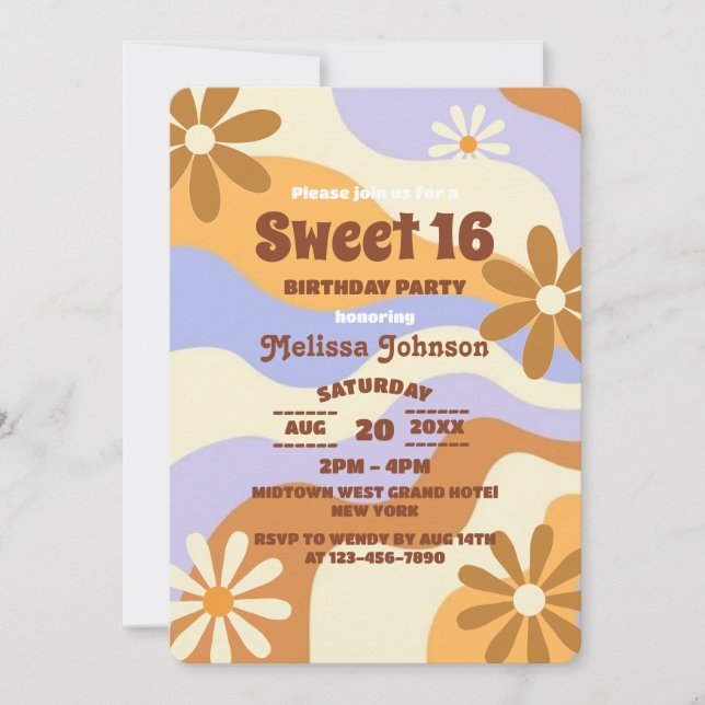 Invitation Fleur hippie colorée Retro Super Sweet 16 (Devant)