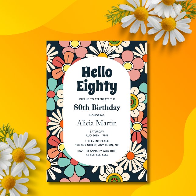 Invitation Fleur Hippie Retro super Bonjour Quatre-Vingt Anni (Créateur téléchargé)