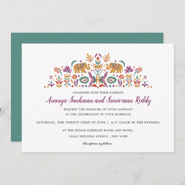 Invitation Fleur indienne Elephant Jade vert mariage moderne (Devant / Derrière)