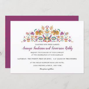 Invitation Fleur indienne Eléphant violet mariage moderne