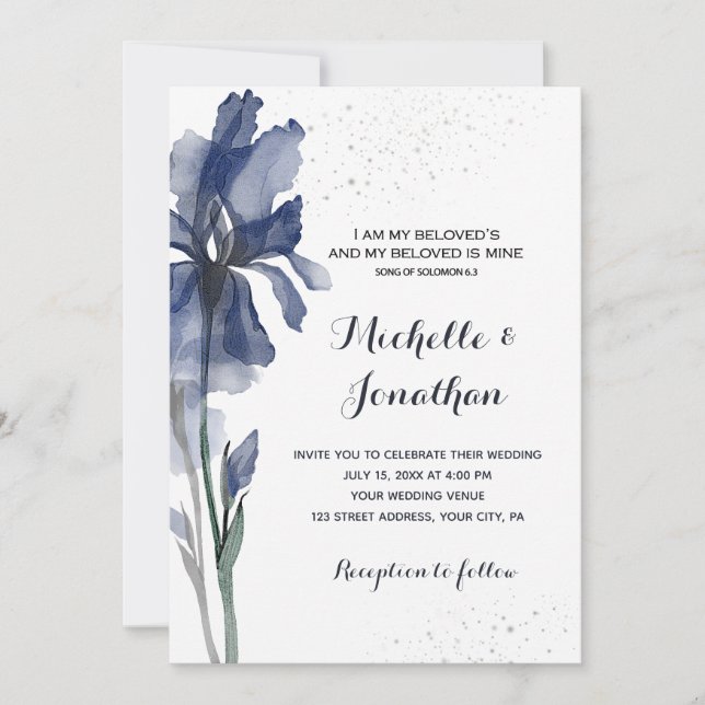 Invitation Fleur Iris bleu foncé Mariage chrétien moderne (Devant)