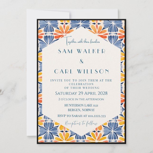 Invitation Fleur Jaune Bleu Orange Carreau Mariage (Bordure) (Devant)