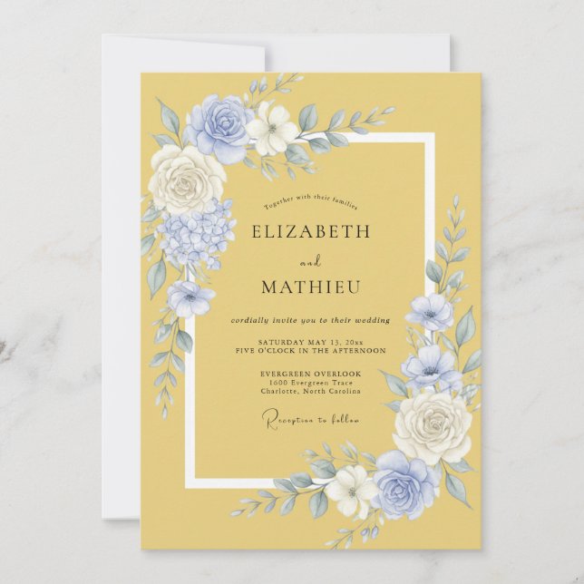 Invitation Fleur Jaune Bleue Floraison Mariage (Devant)