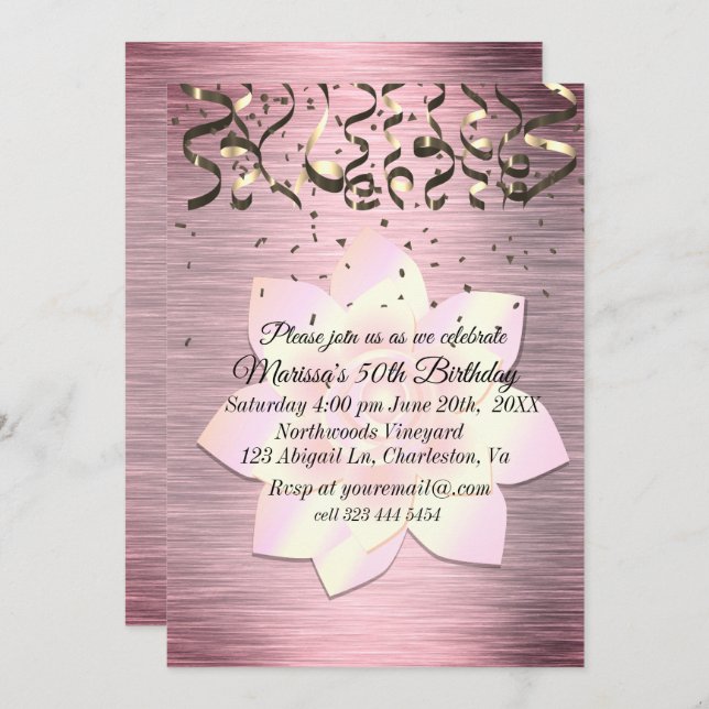 Invitation Fleur Lotus Rose Blush Élégante Anniversaire (Devant / Derrière)