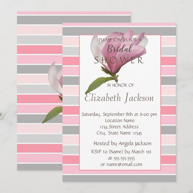 Invitation Fleur, Magnolia  Rayures Baby Shower (Devant / Derrière)