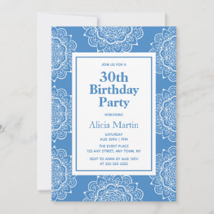 Invitation Fleur Mandala bleu et blanc en soie 30e anniversai