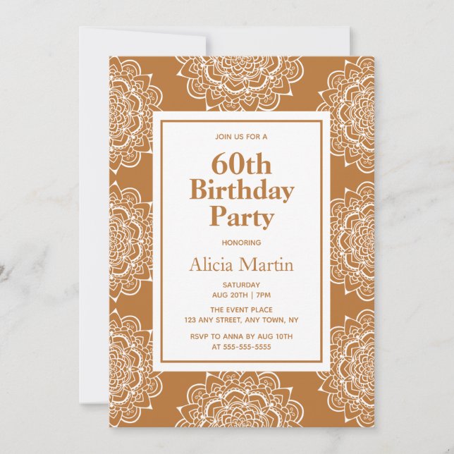 Invitation Fleur Mandala en cuivre et blanc 60e anniversaire (Devant)