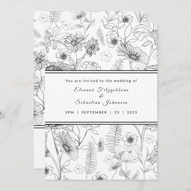 Invitation Fleur marguerite noire et blanche rose motif maria (Devant / Derrière)