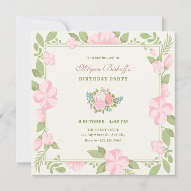 Invitation Fleur mariage anneau rose vert anniversaire (Devant)