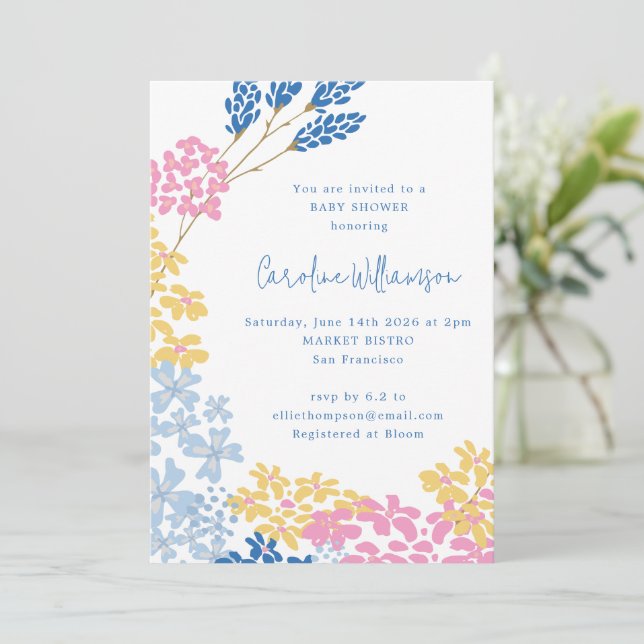 Invitation Fleur mignonne Fleur Wreath bleu Jaune Baby shower (Debout devant)