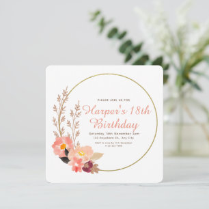 Invitation Fleur minimaliste aquarelle rose or pour anniversa
