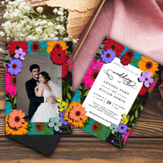 Invitation fleur moderne chic et coloré Floral Photo Mariage