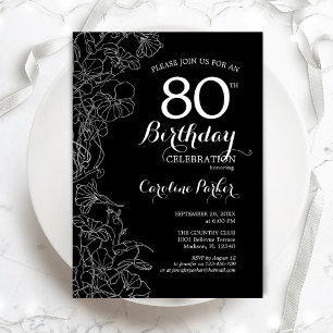 Invitation Fleur noire blanche 80e fête d'anniversaire