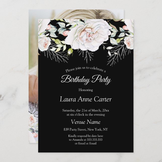 Invitation Fleur noire blanche Photo fête d'anniversaire (Devant / Derrière)