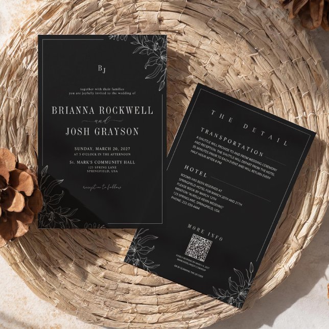 Invitation Fleur Noire Élégant Monogramme Rustique QR Mariage (Créateur téléchargé)