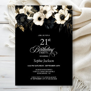 Invitation Fleur noire et blanche 21e fête d'anniversaire