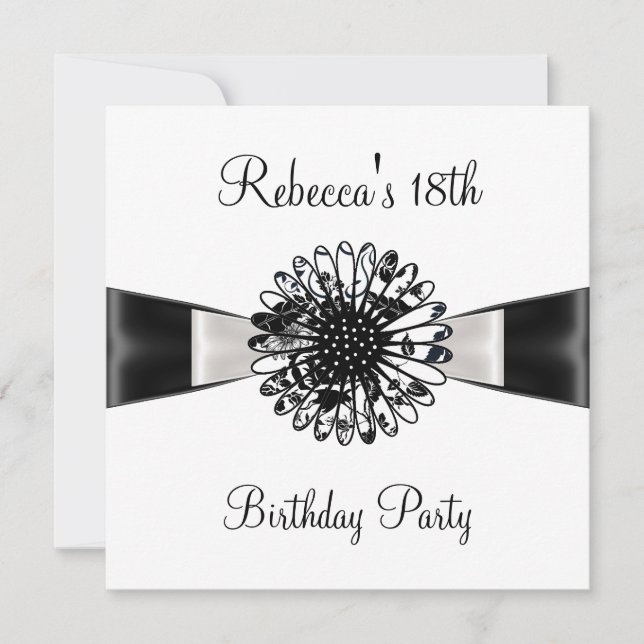 Invitation Fleur noire et blanche noeud papillon 18ème fête d (Devant)
