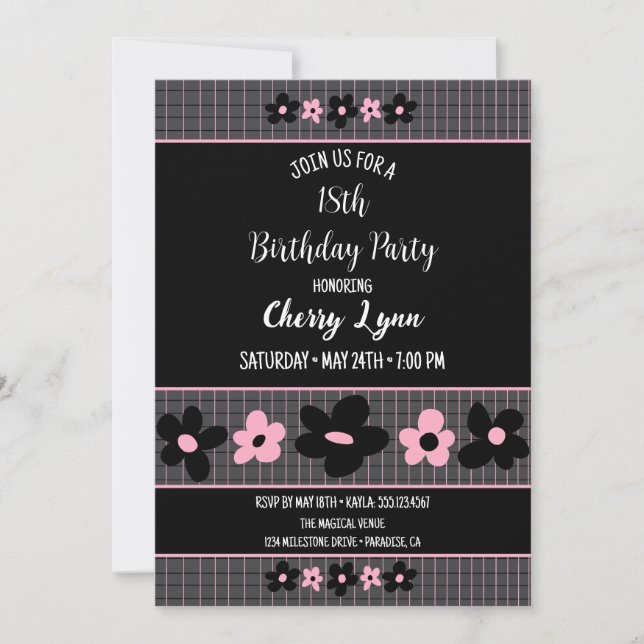 Invitation Fleur noire et rose Pinstripe Anniversaire (Devant)