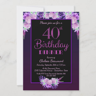 Invitation Fleur noire et violette 40e anniversaire Dîner fêt