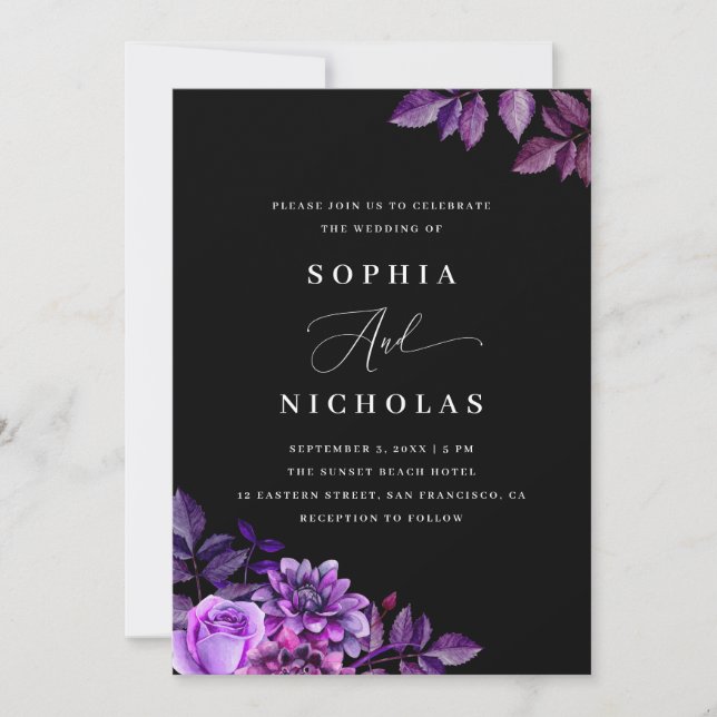 Invitation Fleur noire et violette | Élégant Mariage gothique (Devant)