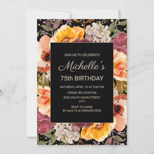 Invitation Fleur orange Bourgogne Or Noir 75e Anniversaire (Devant)