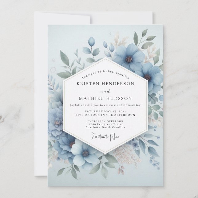 Invitation Fleur Pâle Bleue Mariage Éthéré (Devant)