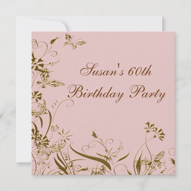 Invitation Fleur Papillon Rose Or Femme 60 Ans (Devant)