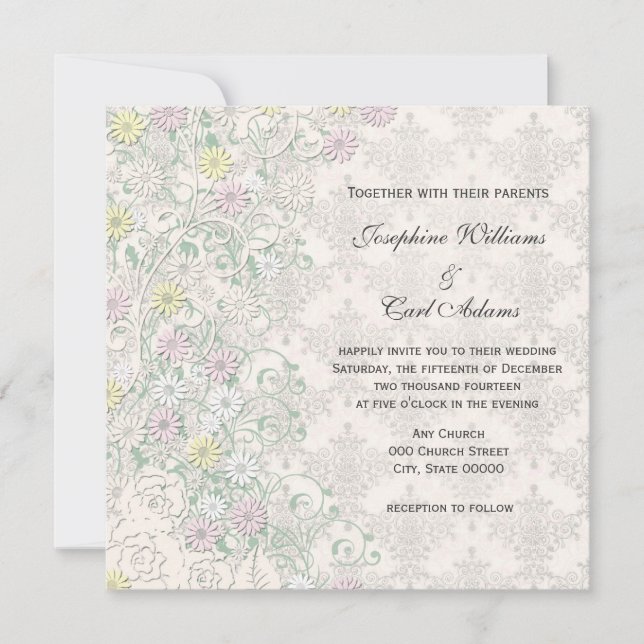 Invitation Fleur pastel blanc cassé délicate de printemps vin (Devant)