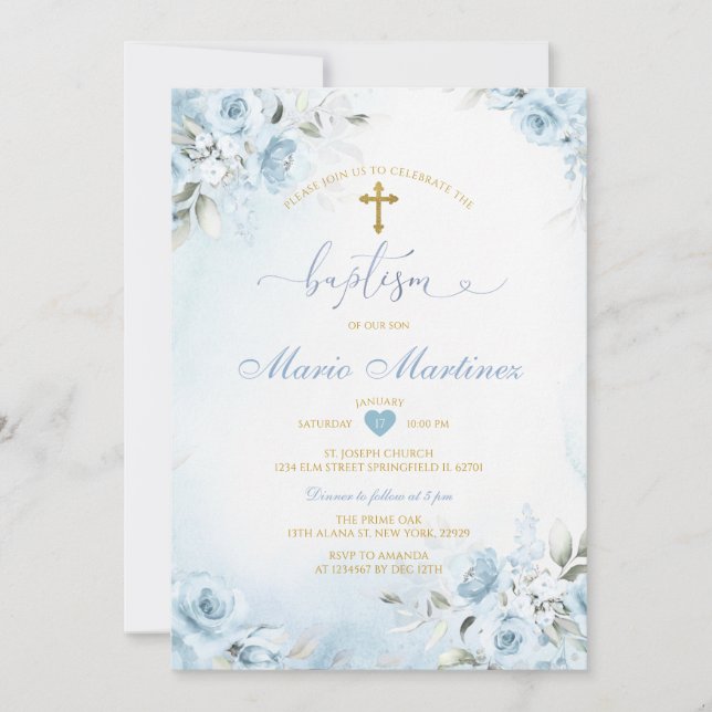 Invitation Fleur pastel bleu Garçon mignon Charro Baptême mex (Devant)