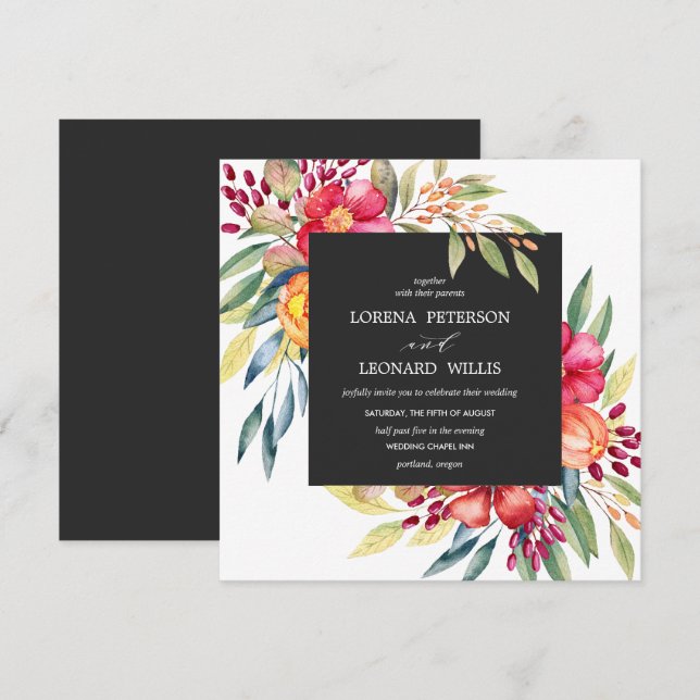 Invitation Fleur peinte Moderne ÉLÉGANT Rustique carré gris  (Devant / Derrière)