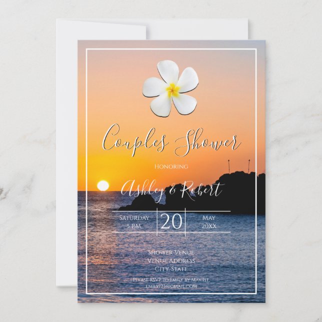 Invitation Fleur Plumeria blanche avec coucher de soleil doré (Devant)