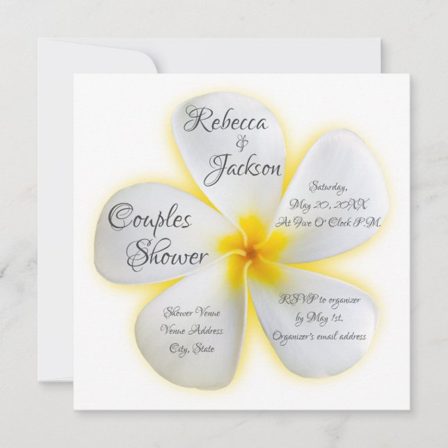 Invitation Fleur Plumeria Blanche, Jaune, Douche Couples, (Devant)