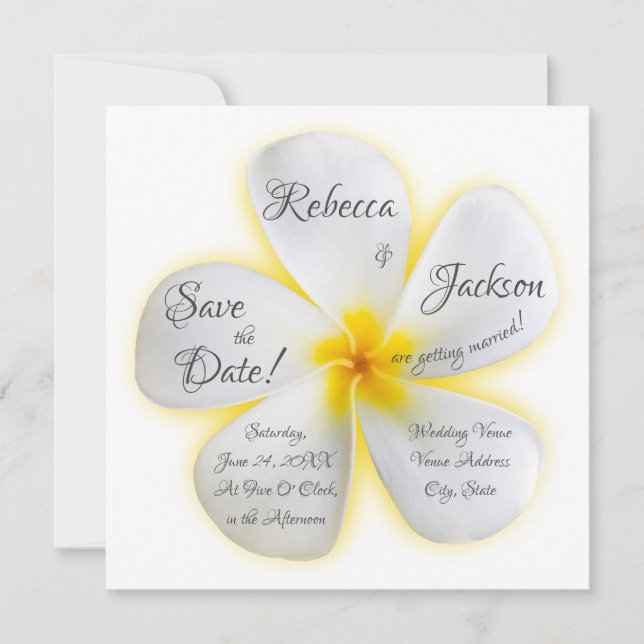 Invitation Fleur Plumeria blanche, Jaune, Mariage, Date de sa (Devant)