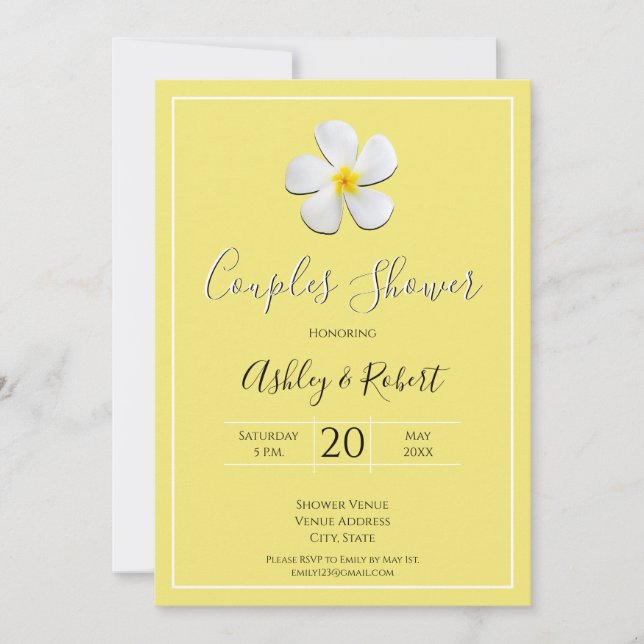 Invitation Fleur Plumeria blanche sur Jaune, Douche Couples (Devant)