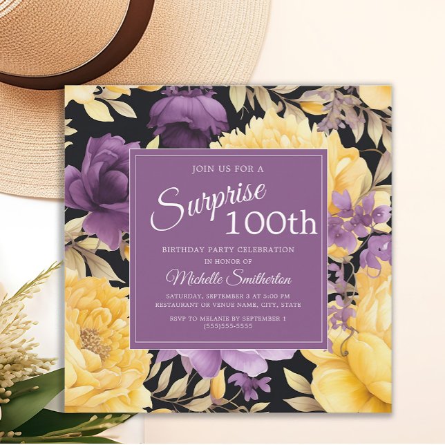 Invitation Fleur Pourpre Jaune 100e Anniversaire Surprise (Purple and yellow floral surprise 100th birthday party invitation)