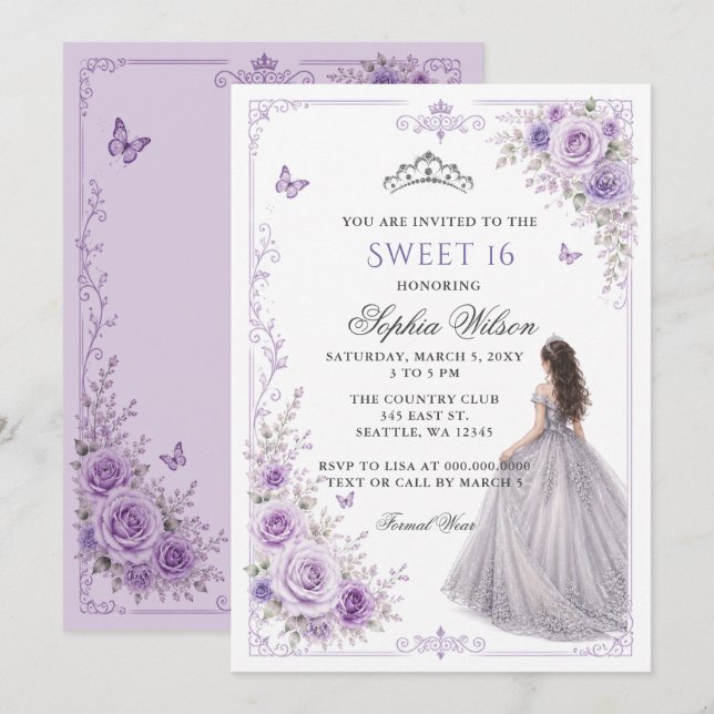 Invitation Fleur Princesse Rose 16 ans Argent Violet (Devant / Derrière)