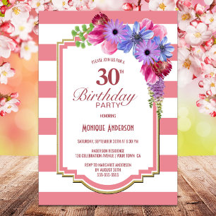 Invitation Fleur rayée rose 30e anniversaire