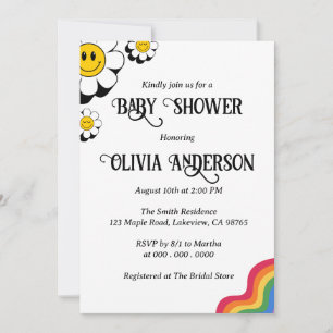 Invitation Fleur Rétro Élégante avec Baby Shower Arc-en-ciel